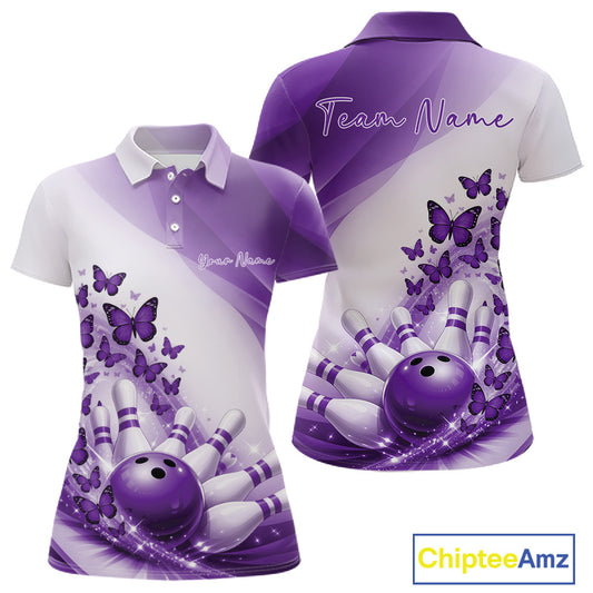 Womens white and purple bowling polo mockup shown front and back with butterfly artwork and colorful bowling graphics