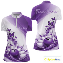 Load image into Gallery viewer, Front and back mockup of a womens white and purple bowling quarter zip showcasing butterfly graphics and bowling-themed artwork