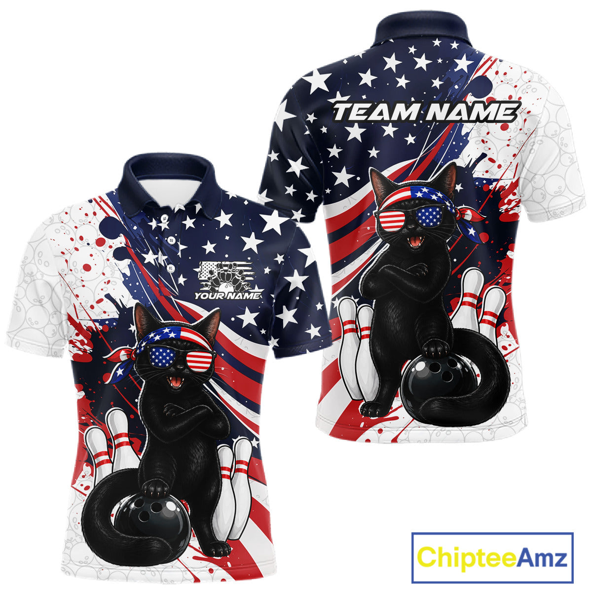 Front and back views of a patriotic bowling polo with stars and red stripes, featuring a sunglasses-wearing cat, bowling pins, and customizable name text.