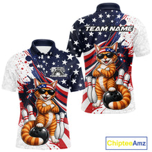 Load image into Gallery viewer, Front and back views of a patriotic bowling polo with stars and red stripes, featuring a sunglasses-wearing cat, bowling pins, and customizable name text.