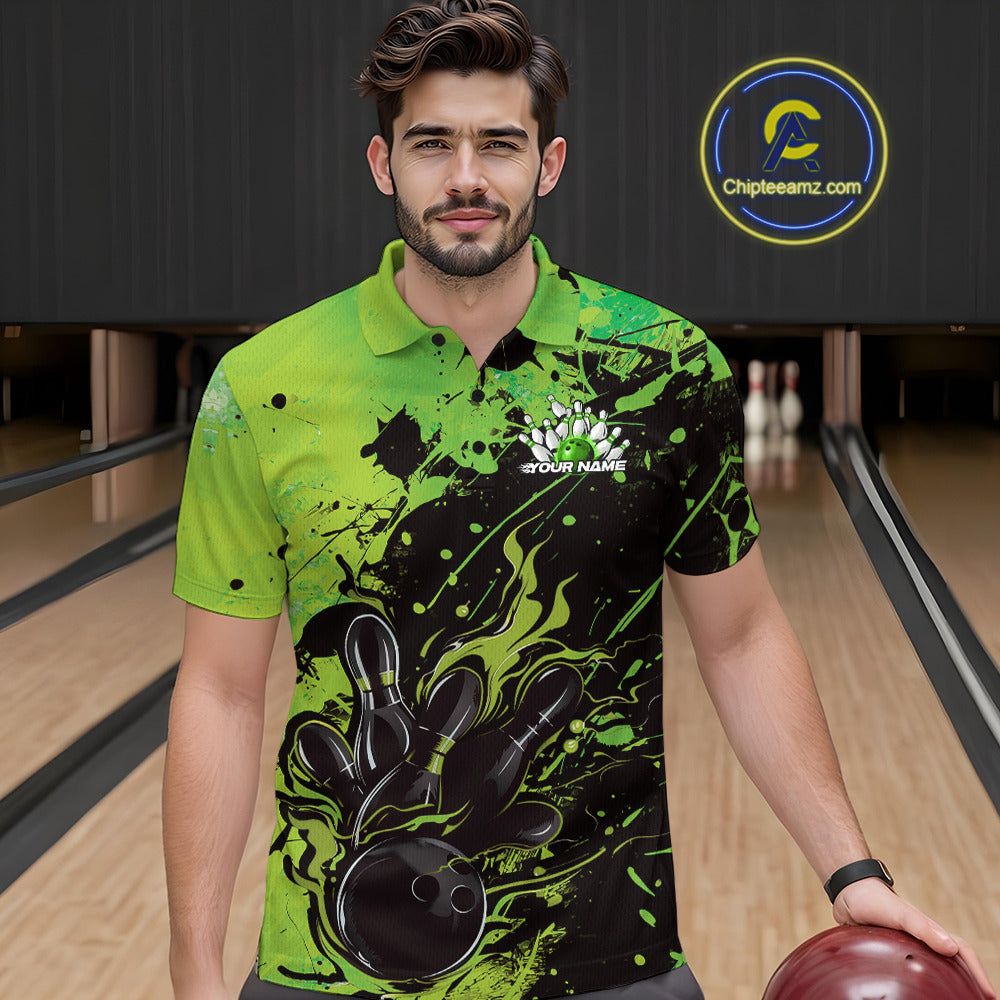 Custom Green Flame Bowling Men Polo Shirts, Splatter Bowling Team Tournament Shirt IPHW9934