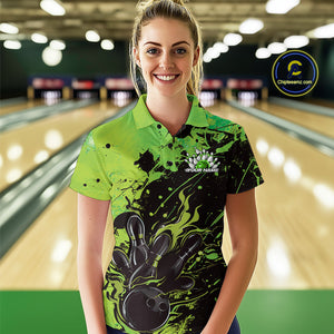 Custom Green Flame Bowling Women Polo Shirts, Splatter Bowling Team Tournament Shirt IPHW9934