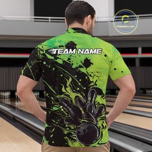 Custom Green Flame Bowling Men Quarter-Zip Shirts, Splatter Bowling Team Tournament Shirt IPHW9934