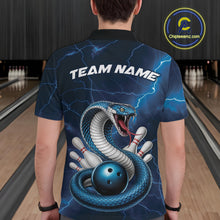 Load image into Gallery viewer, Back view of a mens bowling polo displaying a blue cobra wrapped around a bowling ball with scattered pin graphics.