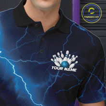 Load image into Gallery viewer, Close-up left chest graphic on a bowling polo featuring a blue cobra and bowling ball motif.