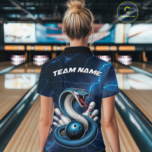Load image into Gallery viewer, Back view of a womens bowling polo showcasing a blue cobra wrapped around a bowling ball with fantasy-inspired accents.