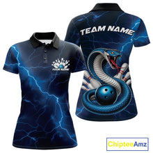 Load image into Gallery viewer, Front and back womens bowling polo featuring a blue cobra snake coiled around a bowling ball with scattered pins and lightning fantasy styling.