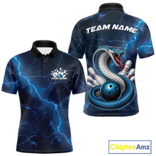 Load image into Gallery viewer, Front and back mens bowling polo featuring a blue cobra snake coiled around a bowling ball with scattered pins and lightning fantasy styling.