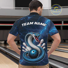 Load image into Gallery viewer, Front view of a mens bowling quarter-zip showcasing a blue cobra, bowling ball, and lightning-themed pin graphics.