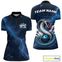 Load image into Gallery viewer, Womens bowling quarter-zip featuring a blue cobra coiled around a bowling ball with scattered pins and lightning accents.