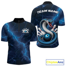 Load image into Gallery viewer, Front and back mens bowling quarter-zip featuring a blue cobra snake coiled around a bowling ball with scattered pins and fantasy lightning effects.