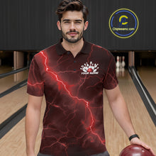 Load image into Gallery viewer, Male model at the bowling lane wearing a bowling polo with red cobra artwork and bowling-themed graphics.