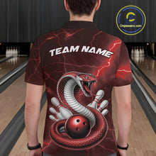 Load image into Gallery viewer, Back view of a mens bowling polo showcasing a red cobra wrapped around a bowling ball with scattered pins.