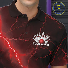 Load image into Gallery viewer, Left chest detail of a bowling polo featuring a red cobra, bowling ball, and scattered pin design.