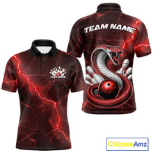Load image into Gallery viewer, Front and back mens bowling polo featuring a red cobra snake coiled around a bowling ball with scattered bowling pins and fantasy lightning effects.