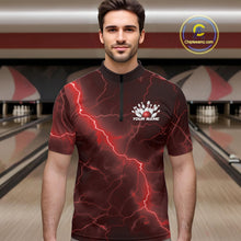 Load image into Gallery viewer, Male model at the bowling lane wearing a quarter-zip with red cobra artwork, bowling ball details, and lightning-inspired accents.