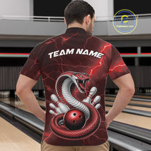Load image into Gallery viewer, Front view of a mens bowling quarter-zip displaying a red cobra wrapped around a bowling ball with scattered pins.