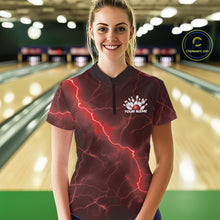 Load image into Gallery viewer, Female model at the bowling lane wearing a quarter-zip with red cobra artwork and lightning fantasy styling.