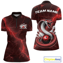 Load image into Gallery viewer, Front and back womens bowling quarter-zip featuring a red cobra wrapped around a bowling ball with scattered pins.