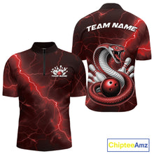 Load image into Gallery viewer, Front and back mens bowling quarter-zip featuring a red cobra snake coiled around a bowling ball with scattered bowling pins and lightning fantasy graphics.