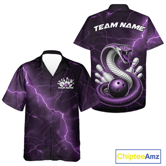 Front and back button-up bowling shirt featuring a purple cobra snake coiled around a bowling ball with lightning-inspired bowling graphics.