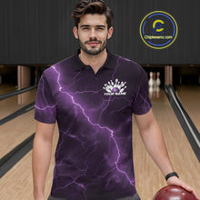 Load image into Gallery viewer, Male model wearing a bowling polo in a bowling center with purple cobra artwork and bowling pin graphics.