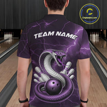 Load image into Gallery viewer, Back view of a mens bowling polo displaying a purple cobra wrapped around a bowling ball with scattered pins.