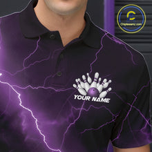 Load image into Gallery viewer, Close-up of the left chest on a bowling polo featuring a purple cobra and bowling ball artwork.