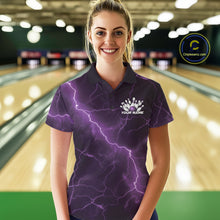 Load image into Gallery viewer, Female model wearing a bowling polo in a bowling center with purple cobra graphics and bowling pin details.