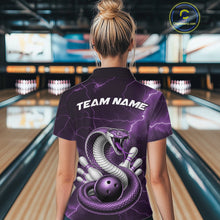 Load image into Gallery viewer, Back view of a womens bowling polo showcasing a purple cobra wrapped around a bowling ball with fantasy accents.