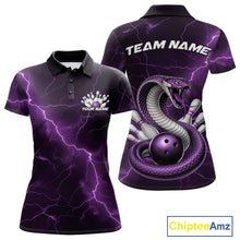Load image into Gallery viewer, Front and back womens bowling polo featuring a purple cobra snake coiled around a bowling ball with scattered pins and lightning fantasy artwork.