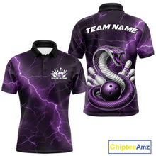 Load image into Gallery viewer, Front and back mens bowling polo featuring a purple cobra snake coiled around a bowling ball with scattered pins and lightning fantasy details.