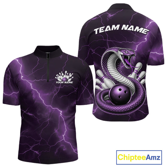 Front and back mens bowling quarter-zip featuring a purple cobra coiled around a bowling ball with scattered pins.