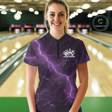 Load image into Gallery viewer, Female model wearing a bowling quarter-zip with purple cobra, bowling ball, and lightning-inspired pin graphics.