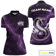 Load image into Gallery viewer, Womens bowling quarter-zip mockup featuring a purple cobra coiled around a bowling ball with scattered pins.