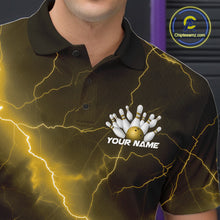 Load image into Gallery viewer, Left chest close-up of a bowling polo featuring a yellow cobra, bowling ball, and pin motif with lightning styling.