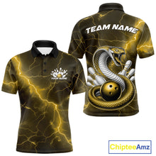 Load image into Gallery viewer, Front and back mens bowling polo featuring a yellow cobra snake coiled around a bowling ball with scattered bowling pins and fantasy lightning artwork.
