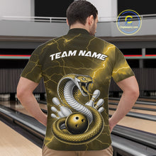 Load image into Gallery viewer, Front view of a mens bowling quarter-zip displaying a yellow cobra wrapped around a bowling ball.