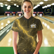 Load image into Gallery viewer, Female model in a bowling lane wearing a quarter-zip with yellow cobra bowling artwork and lightning fantasy details.