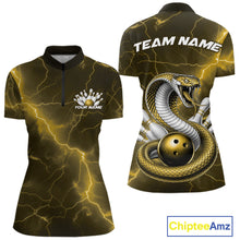 Load image into Gallery viewer, Front and back womens bowling quarter-zip featuring a yellow cobra wrapped around a bowling ball with scattered pins.