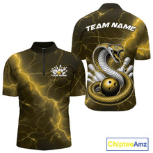 Load image into Gallery viewer, Mens bowling quarter-zip mockup featuring a yellow cobra coiled around a bowling ball with scattered pins.