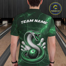 Load image into Gallery viewer, Back view of a mens bowling polo displaying a green cobra, bowling ball, and lightning-inspired pin graphics.