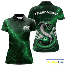 Load image into Gallery viewer, Front and back womens bowling polo featuring a green cobra snake coiled around a bowling ball with scattered pins and lightning fantasy styling.
