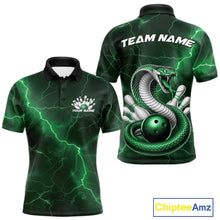Load image into Gallery viewer, Front and back mens bowling polo featuring a green cobra snake coiled around a bowling ball with scattered pins and lightning fantasy accents.