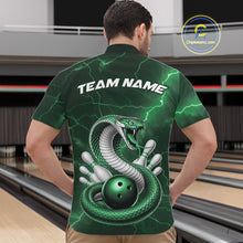 Load image into Gallery viewer, Front view of a mens bowling quarter-zip showcasing green cobra, bowling ball, and scattered pin graphics.