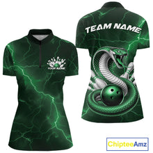 Load image into Gallery viewer, Womens bowling quarter-zip featuring a green cobra coiled around a bowling ball with scattered pins and lightning fantasy artwork.