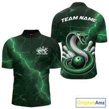 Load image into Gallery viewer, Front and back mens bowling quarter-zip featuring a green cobra coiled around a bowling ball with scattered pins.