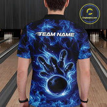 Load image into Gallery viewer, Back view of a mens blue bowling polo displaying a bowling ball surrounded by blazing flame artwork.
