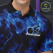 Load image into Gallery viewer, Close-up left chest detail of a blue bowling polo featuring a bowling ball encircled by flames.