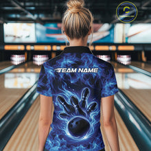 Load image into Gallery viewer, Back view of a blue womens bowling polo displaying a bowling ball encircled by flames.